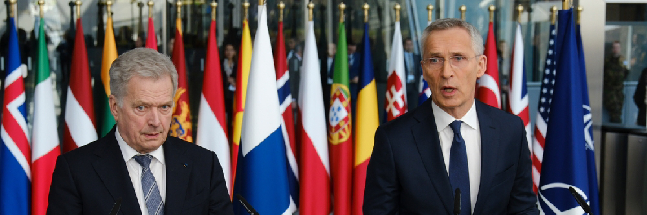 Finland's President Sauli Niinisto and NATO Secretary General Jens Stoltenberg give a press conference during a NATO foreign affairs ministers' meeting in Brussels, Belgium